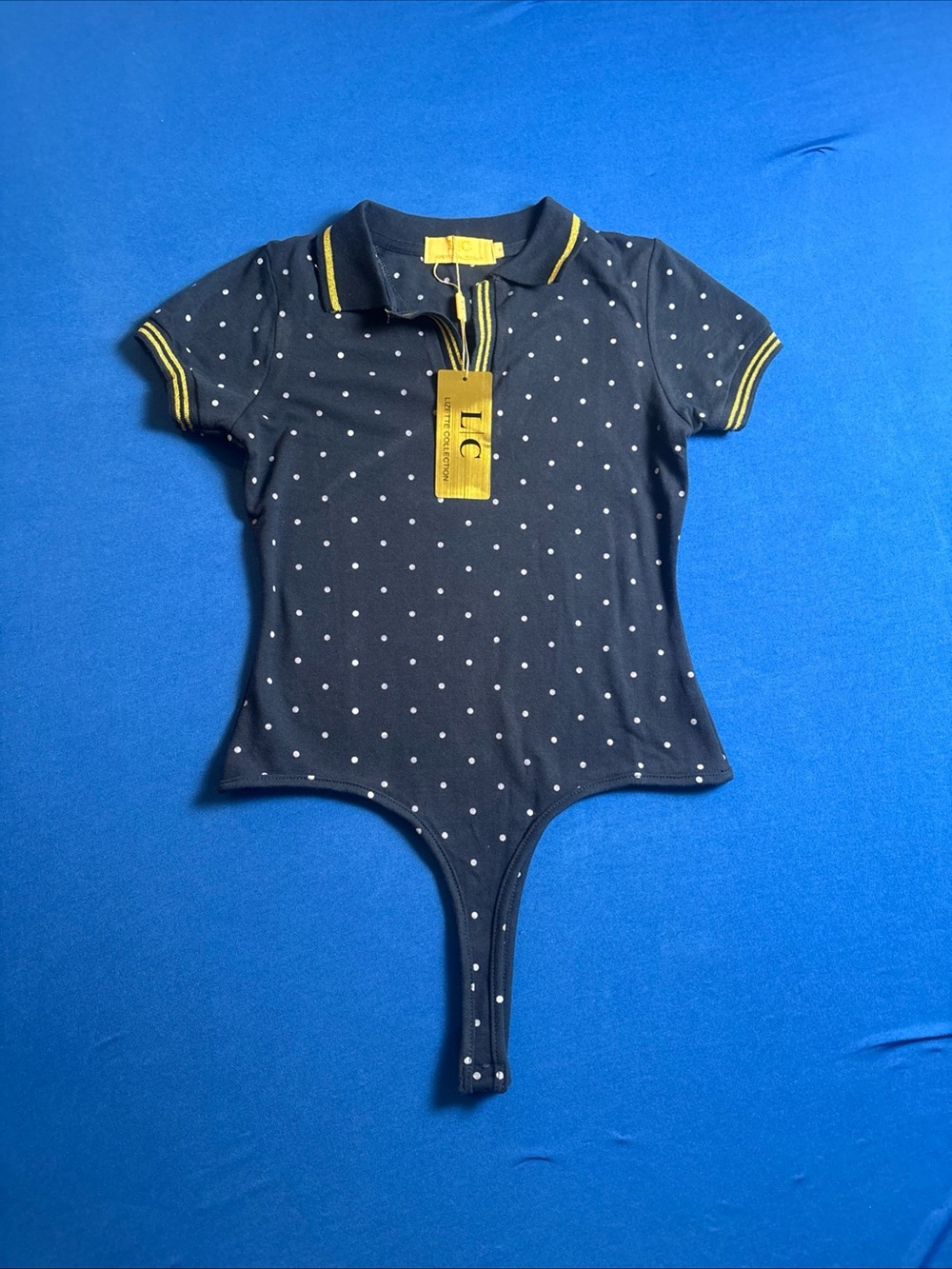 Lizette Collection Women Navy, White Polka Dot Polo Shirt Body Suit Sz Small New